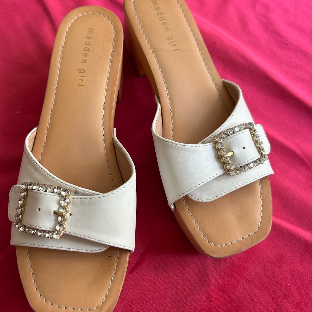 Madden Girl Cream Slide Sandals with Sparkling Buckle